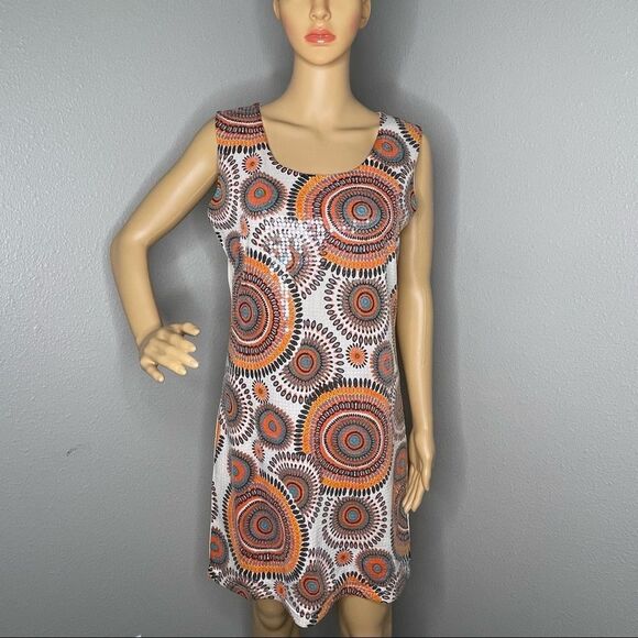 Adore Sequin Sleeveless Retro Dress Orange Cream Tan Black Turquoise Size Medium - Picture 1 of 13